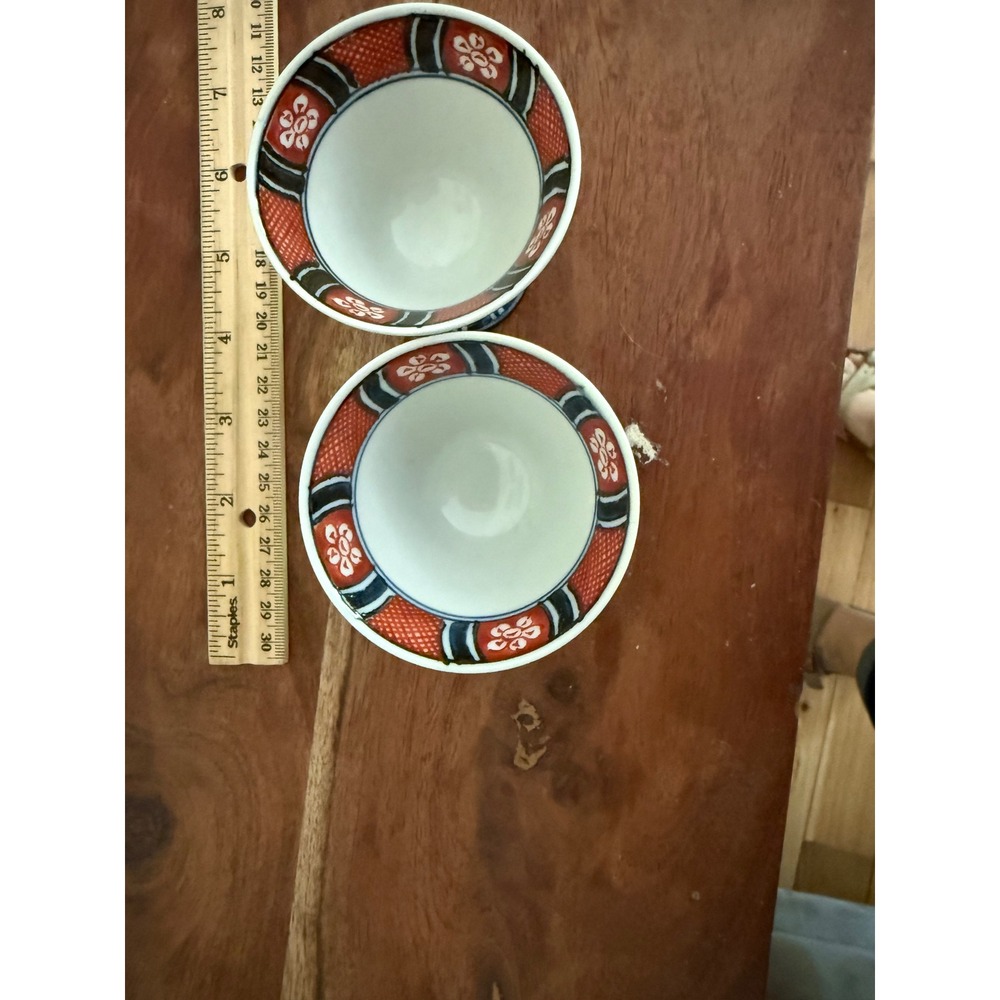 Vintage Japanese Imari Porcelain Sake Cups Set -2 Hand Painted Gold Gilt Footed